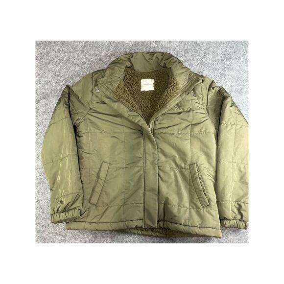 Thread & Supply Army Green Quilted Full Zipper Puffer Jacket  Fleece Lined Sz M - Picture 1 of 8